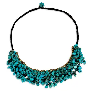 NOVICA Artisan Crafted Handmade Limpet Shell | Turquoise Colored Calcite Gemstone | Chips Lnotted | waxed polyester cord | topped Blue Brass | toggle clasp | Thailand ' Pool Party' 8.25" L x 1.6" W