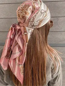 1pc Pink Satin Square Scarf, Lightweight Bohemian Head Accessory for Women, Multi-functional Handkerchief, Fashionable Scarf, Boho Style Scarf