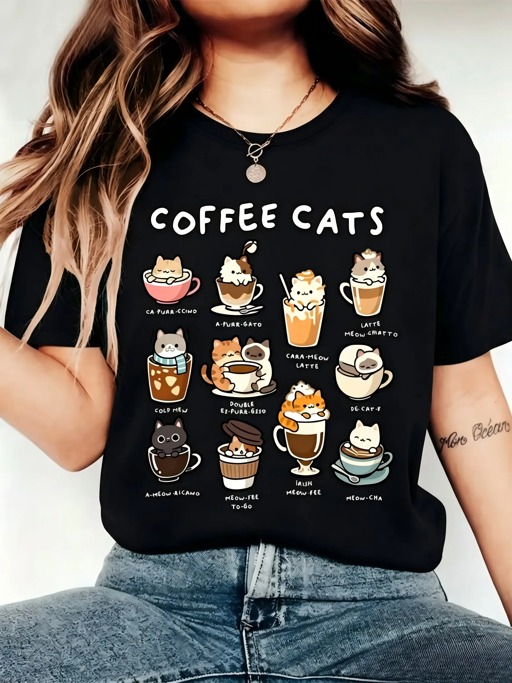Cute Coffee Cats Pun Graphic Black Crewneck T-Shirt, Cat & Coffee Lover Casual Short Sleeve Top, Cartoon Animal Daily Outfit funny meme