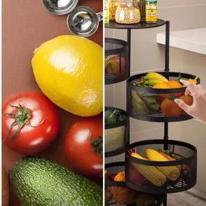 Kitchen Fruit and Vegetable Basket with Metal Top Lid, 5 Tier Rotating Storage Cart for Potato, Onion, Bread, Banana, Wire Organizer Basket on Wheels,