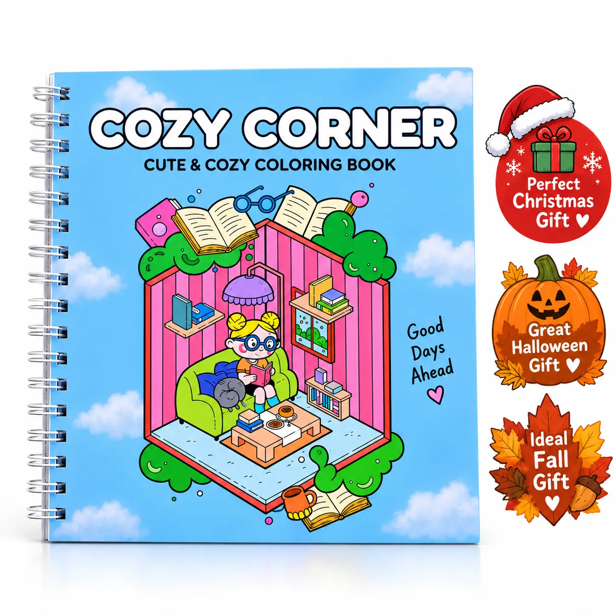 Halloween Fall Gift Little Corner Super Cute Spiral Binding  Coloring Book for Adults and Teens with Cozy Hygge Spaces for Relaxation.