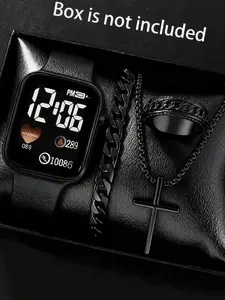 Men's Sport Jewelry Gift Box Set, 4-Piece Electronic Gift Set Includes Digital Watch, Cross Pendant Necklace, Bracelet, Ring, Perfect Valentine's Day Gift