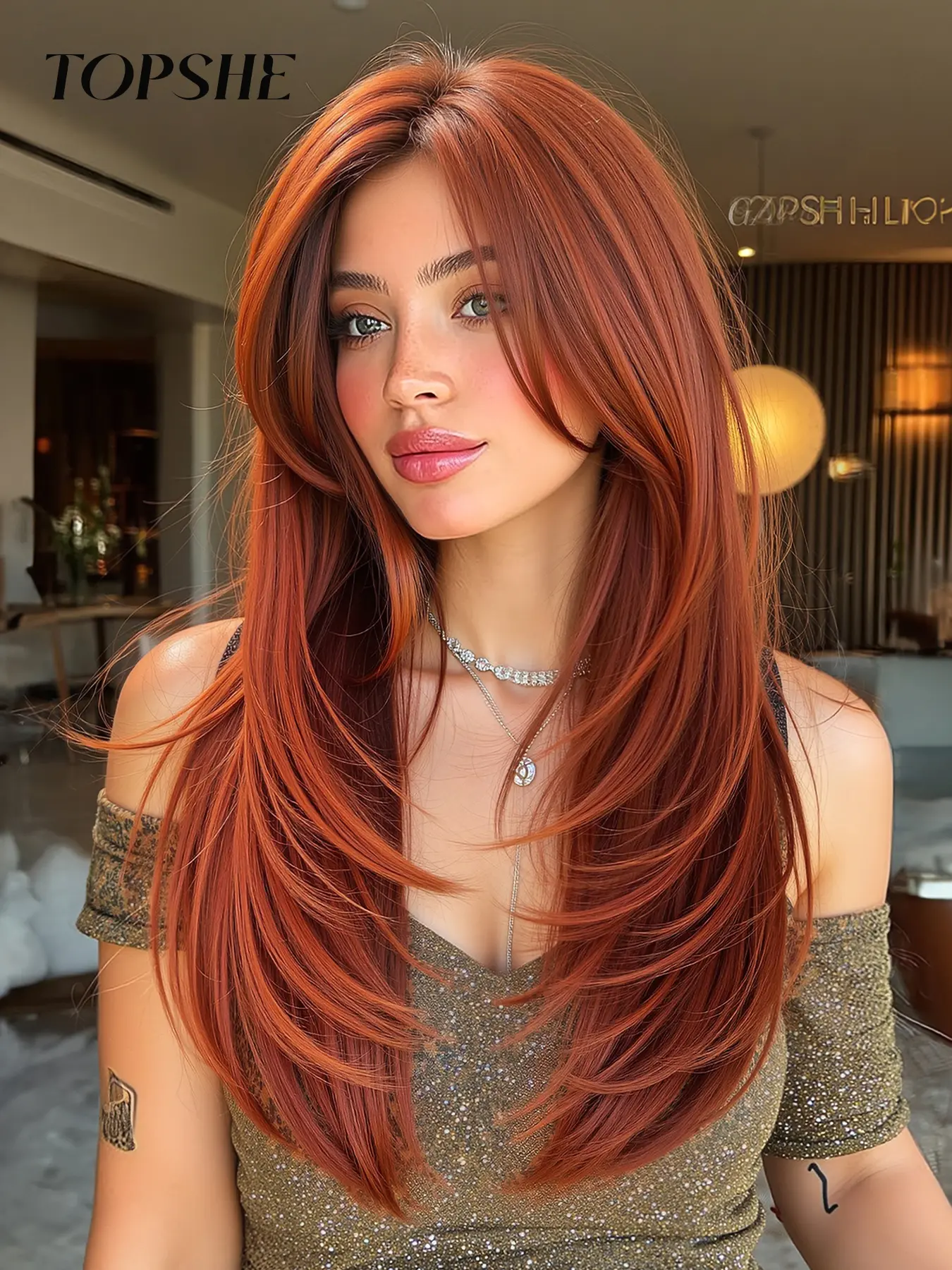 Topshe 13x6 Handmade Lace Wig, Fashion Wig, Medium Length Straight Hair with Bangs, Highlights, Comfortable & Breathable, Perfect for Parties, Lace Straight Wigs