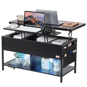 VEVOR Lift Top Coffee Table,  39.4 in Rectangle Coffee Table with Extra Storage Pockets, Flipable Coffee Table with Power Strip & USB & Ambient Lighting for Living Room, Black