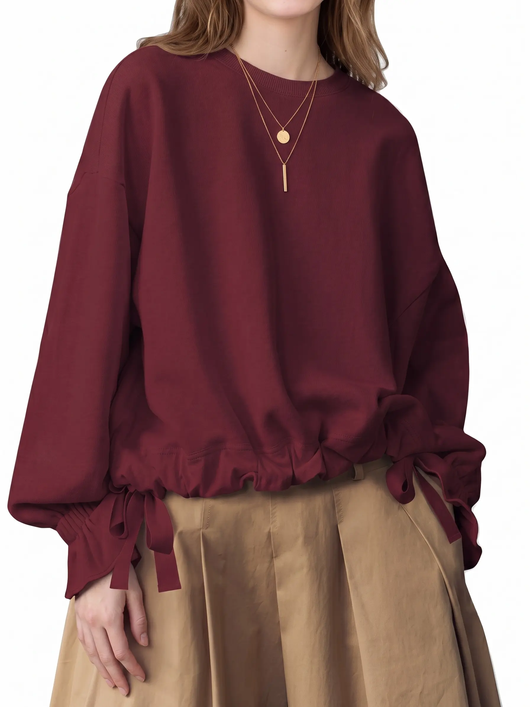 Shewin Women's Round Neck Drawstring Hem Sweatshirt Ruffle Cuff Knot Tie Loose Everyday Casual Pullover,back to school,back to school shopping