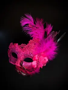 Brocade Feather Mask - Hot Pink