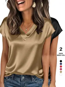 2026 Spring Summer Women's Satin V Neck Blouse, Short Sleeve Dolman Sleeve Silky Smooth Work Shirt, Loose Fit Elegant Business Casual Top for Office & Daily