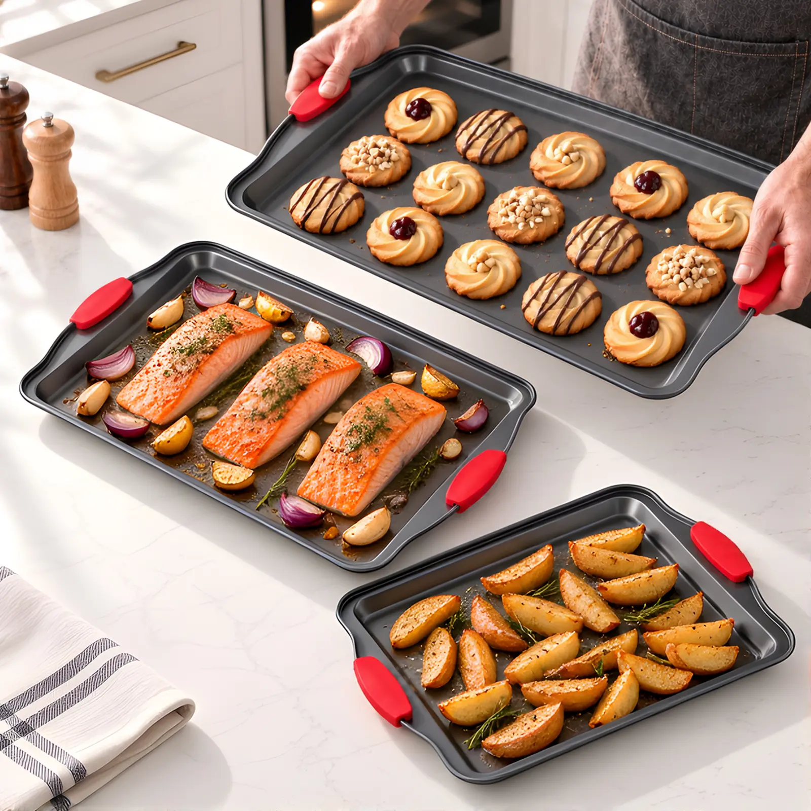 Baking Sheet Set, 3-Piece Cookie Sheet Set with Silicone Handles, Steel Baking Pans Set, Durable Baking Sheets for Oven, BPA Free Cookie Sheets for Baking Nonstick Set, Oven Safe (450°F)