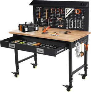 Garvee 48” Adjustable Workbench with Drawer Storage, 2000 LBS Load Capacity Heavy Duty Workstation with Power Outlets, Rubber Wood Top Worktable for Garage, Office,Workshop, Commercial
