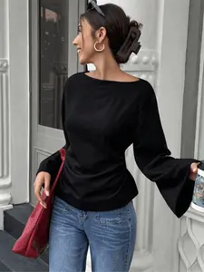 Elegant Women's Waist Cinched Top, Flare Sleeve Design, Flared, Comfortable Fit Long Sleeve Shirt Blouses, Perfect for Daily Commuting, Casual