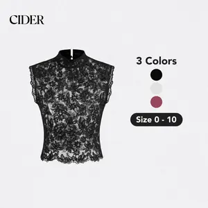 Cider Lace Crop Top with Mandarin Collar – Sheer Floral See-Through Tank， Layering-Friendly for Date Nights & Spring Outfits， Sizes 2-10
