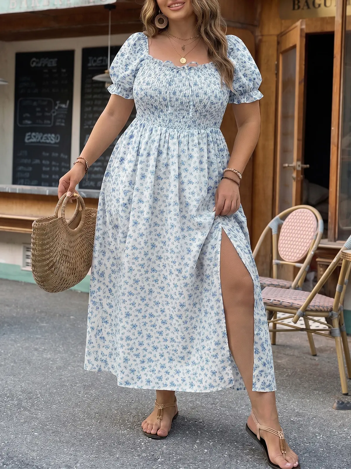 Fisoew Plus Size Floral Smocked Midi Dress - Square Neck Puff Sleeve Side Slit Flowy Dress, Sizes 0L-4XL