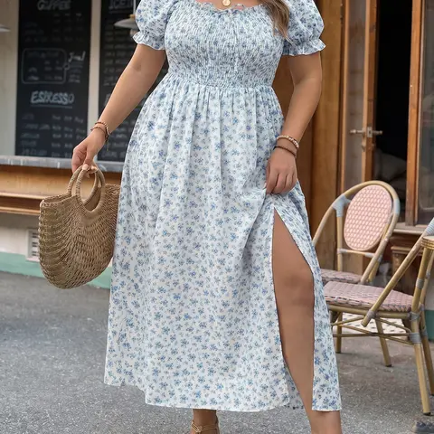 Fisoew Plus Size Floral Smocked Midi Dress - Square Neck Puff Sleeve Side Slit Flowy Dress, Sizes 0L-4XL