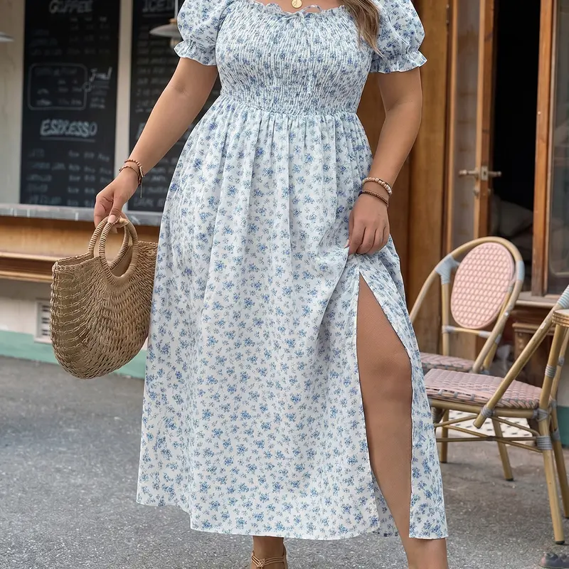Fisoew Plus Size Floral Smocked Midi Dress - Square Neck Puff Sleeve Side Slit Flowy Dress, Sizes 0L-4XL