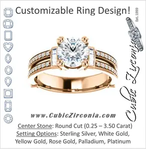 Cubic Zirconia Engagement Ring- The Kaitlyn (Customizable Round Cut with Flanking Baguettes And Round Channel Accents)
