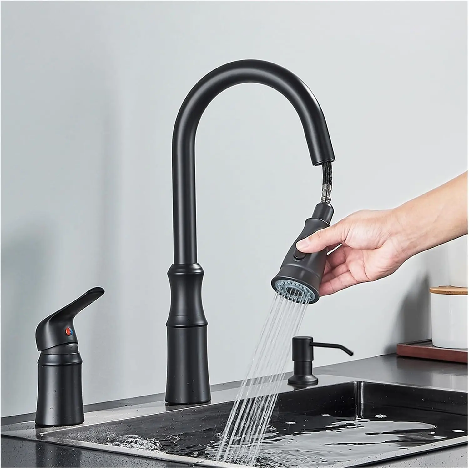 Durable Steel 3-Hole Single Handle High Arc Pull-Out Anti-Splash Kitchen Sink Faucet with Pull-Down Sprayer, Optional Soap Dispenser, Matte Black or Brushed Nickel Matte Kitchen Taps, Pull-Out Kitchen Taps