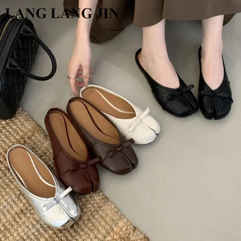 Women Tabi Ninja Slippers Brand Mules Soft Microfiber Comfy Flats Shoes Fashion Bow Knot Split Toe Slides Casual Loafer Footwear