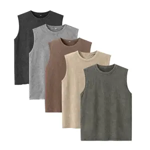 Men’s 5-Pack Vintage Washed Sleeveless Short Vests, Athletic Crew Neck Fitness Casual Tshirts, Activewear Clothing for Gym, Workouts
