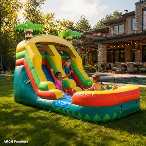 20FT x 10FT Tropical Palm Island Arch Inflatable Water Slides, 2-in-1 Dry/Wet Design, Blower-Included for Outdoor Use