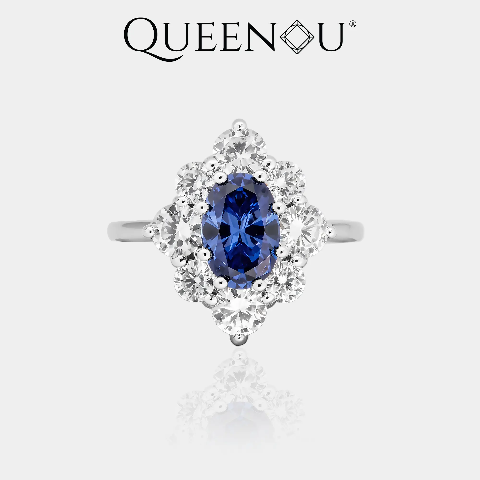 【1017】Oval Royal Blue Cubic Zirconia Set | Rhombus Halo Micropavé | Earrings + Ring | Sold as Set or Separately