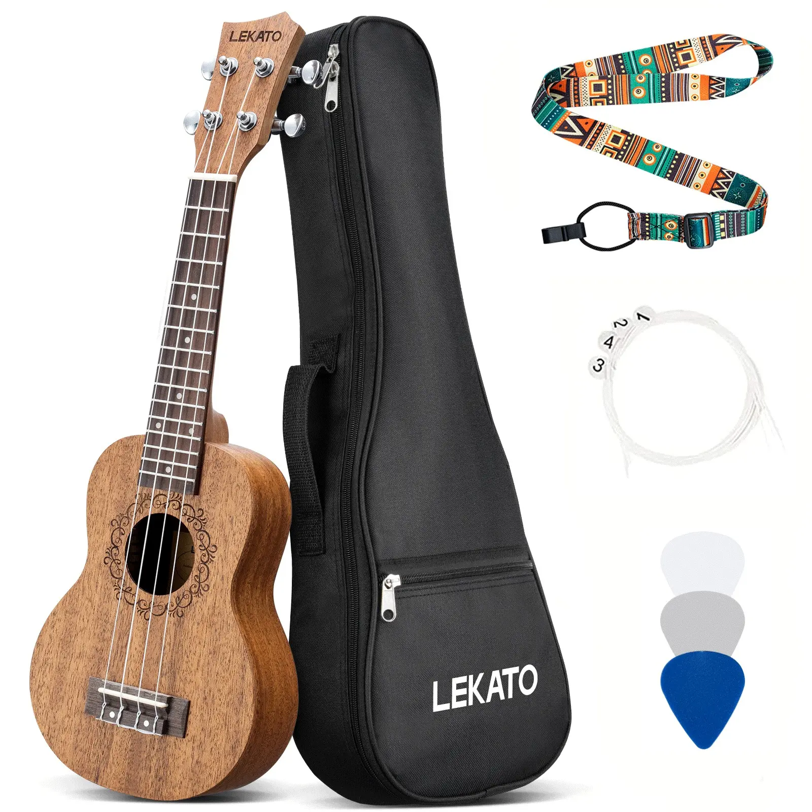 LEKATO 21 Inch Soprano Ukulele for Beginners, Starter Kit Sapele Ukelele, Professional Hawaiian Guitar Uke with Gig Bag, Strap Nylon Strings, Picks for Adults Kids