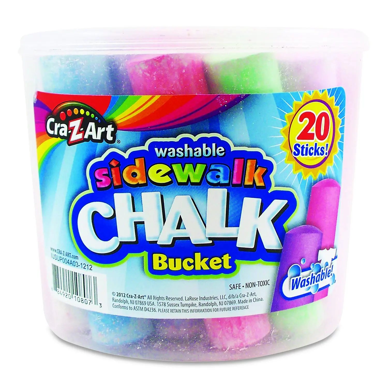 Washable Sidewalk Jumbo Chalk in Storage Bucket with Lid and Handle 12.63" 20 Assorted Colors 108076