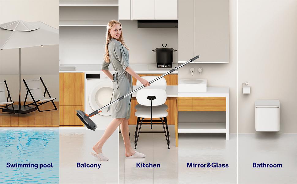 Floor Scrub Brush with Long Handle, 3 in 1 Scrape and Heavy-Duty Stiff Bristle Scrubber Brush for Cleaning Shower Bathroom, Patio, Pool, Garage, Kitchen, Wall and Deck (Gray, 1 Pack)