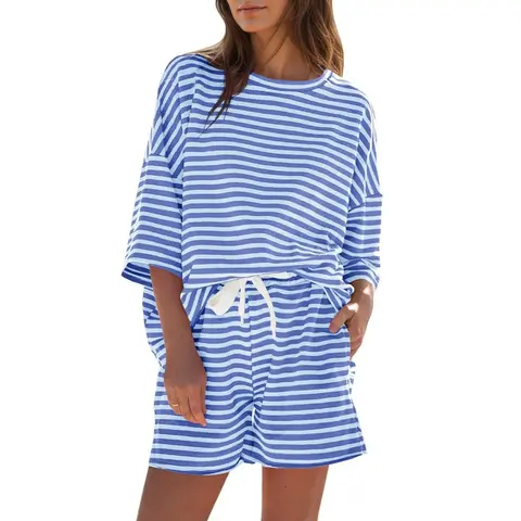 Fisoew Women's 2-Piece Striped 3/4 Sleeve Casual Loungewear Set - Comfy Mix & Match Tops, Summer Sleepwear Outfit,sohochic