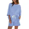 Fisoew Women's 2-Piece Striped 3/4 Sleeve Casual Loungewear Set - Comfy Mix & Match Tops, Summer Sleepwear Outfit,sohochic