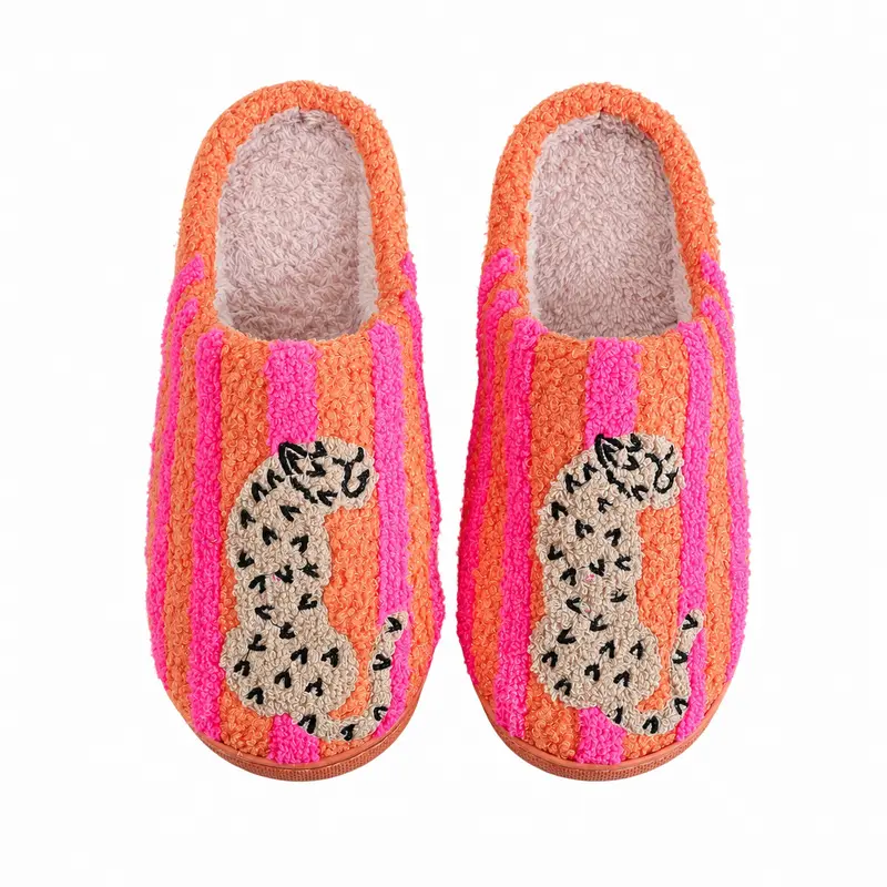 Women’s Retro Striped & Leopard Fuzzy Slippers, Super Soft Fluffy Lined Closed Toe House Shoes, Warm Cozy Anti Slip Indoor Bedroom Slippers, Winter Holiday Gift for Women