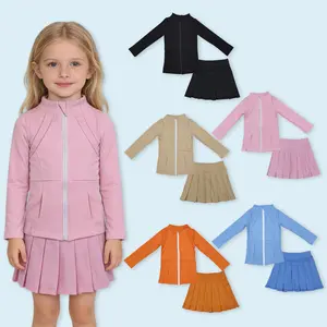 Pink long sleeve pocket jacket matching skort active wear athletic set