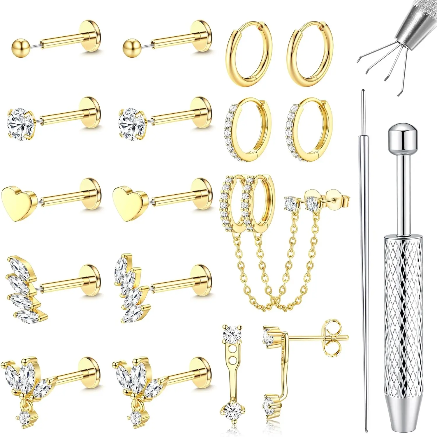Fashionable 16G/18G/20G Flat Back Earrings for Women Threadless Surgical Steel Stud Hoop Earrings Push in Nose Studs BlackFriday Christmas Hypoallergenic CZ Cartilage Earring Set Labret Helix Tragus Conch Piercing Jewelry Blackfriday Christmas