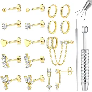 Fashionable 16G/18G/20G Flat Back Earrings for Women Threadless Surgical Steel Stud Hoop Earrings Push in Nose Studs BlackFriday Christmas Hypoallergenic CZ Cartilage Earring Set Labret Helix Tragus Conch Piercing Jewelry Blackfriday Christmas