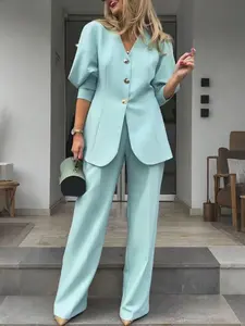 Women's Elegant Suit Set, Autumn Fashion Long Sleeve Jacket and Pocket Design Pants, Work and Commute Two-Piece Set, Stylish Office Wear, Outfit