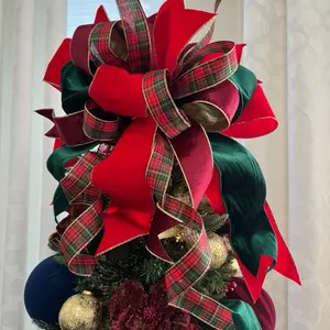 Christmas Topper Velvet Bow 20 Inch Elegant Design with Metallic Edges Red Green Plaid for Holiday Wreath Decoration