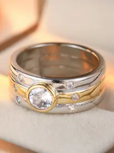 Two Tone Splicing Wide Face Ring with Circular Synthetic Zircon Inlay for Couples, Commemorative Day Gift Ring