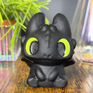Obsidian Toothless Dragon Crystal Carving – Chibi Style