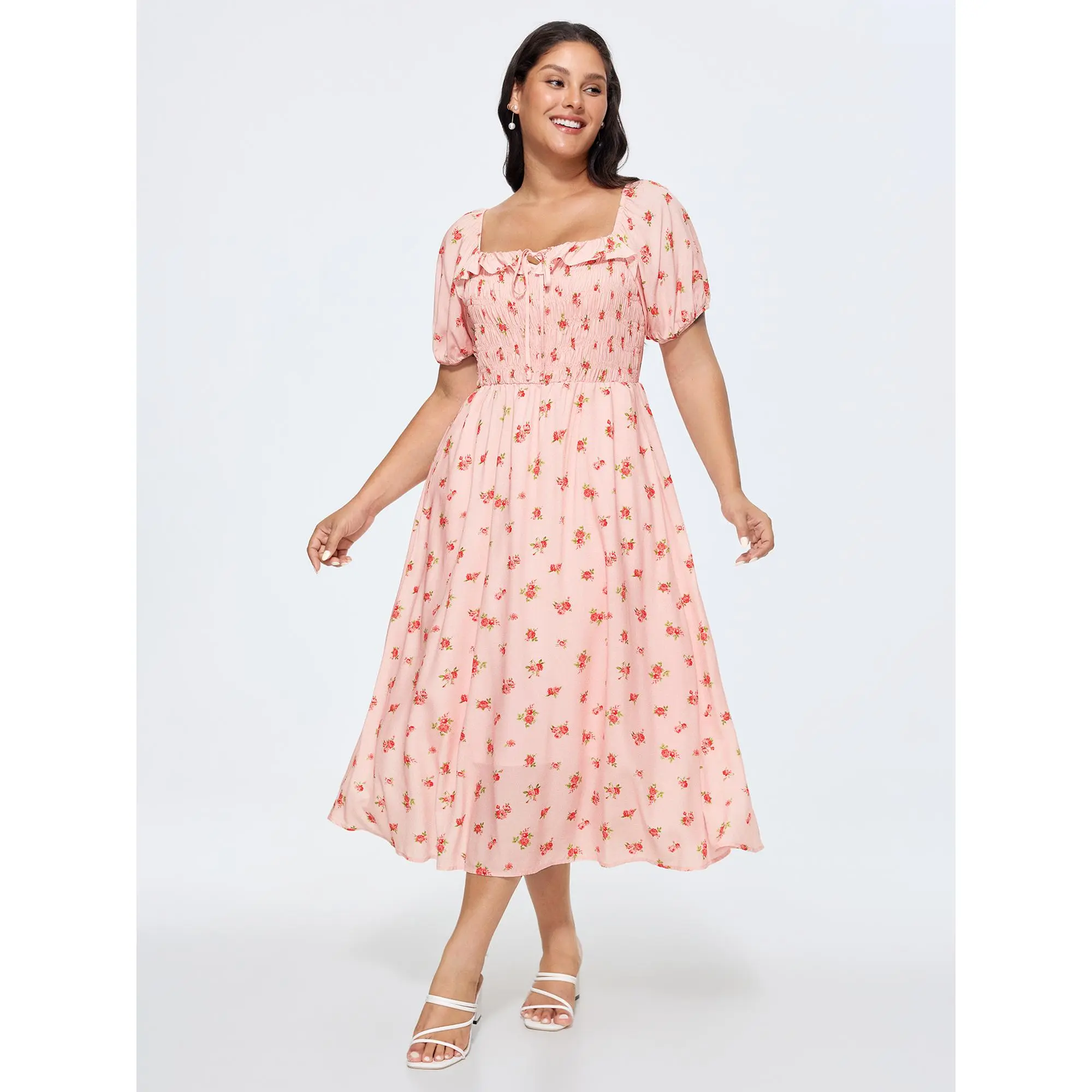 Women's Flowy Relaxed Draped Ditsy Floral Rayon-Polyester Maxi Dress - Comfy, Breathable, Timeless Casual Summer Wear with Smocked, Shirred Bodice, Puff Sleeves, Pockets, Pull-On Fit, Cool Iron, Do Not Tumble Dry, Plus Size