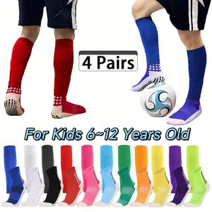 Youth 4-Pair Mid-Calf Soccer Socks with Leg Sleeves, Grip Socks for Soccer, Breathable Knit Polyester-Spandex Blend, Non-Slip Cushioned Towel Bottom, All-Season Outdoor Sports Leg Wear for Ages 12 and Under