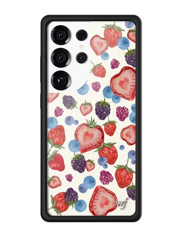 Fruit Tart | Limited Edition Trendy Samsung Galaxy Case | Raised Protective Black Bumper | Women Owned Small Business | Egg Shell White Background Strawberries and Raspberries and Blackberries and Blueberries | Safety Casing Protective | Gift for Her
