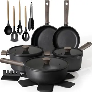 Astercook 18-Piece Cookware Set Non-Stick Induction Compatible Pots & Pans with Elegant Wooden Handles Large Frying Pan Omelette Pan for Home Cooking