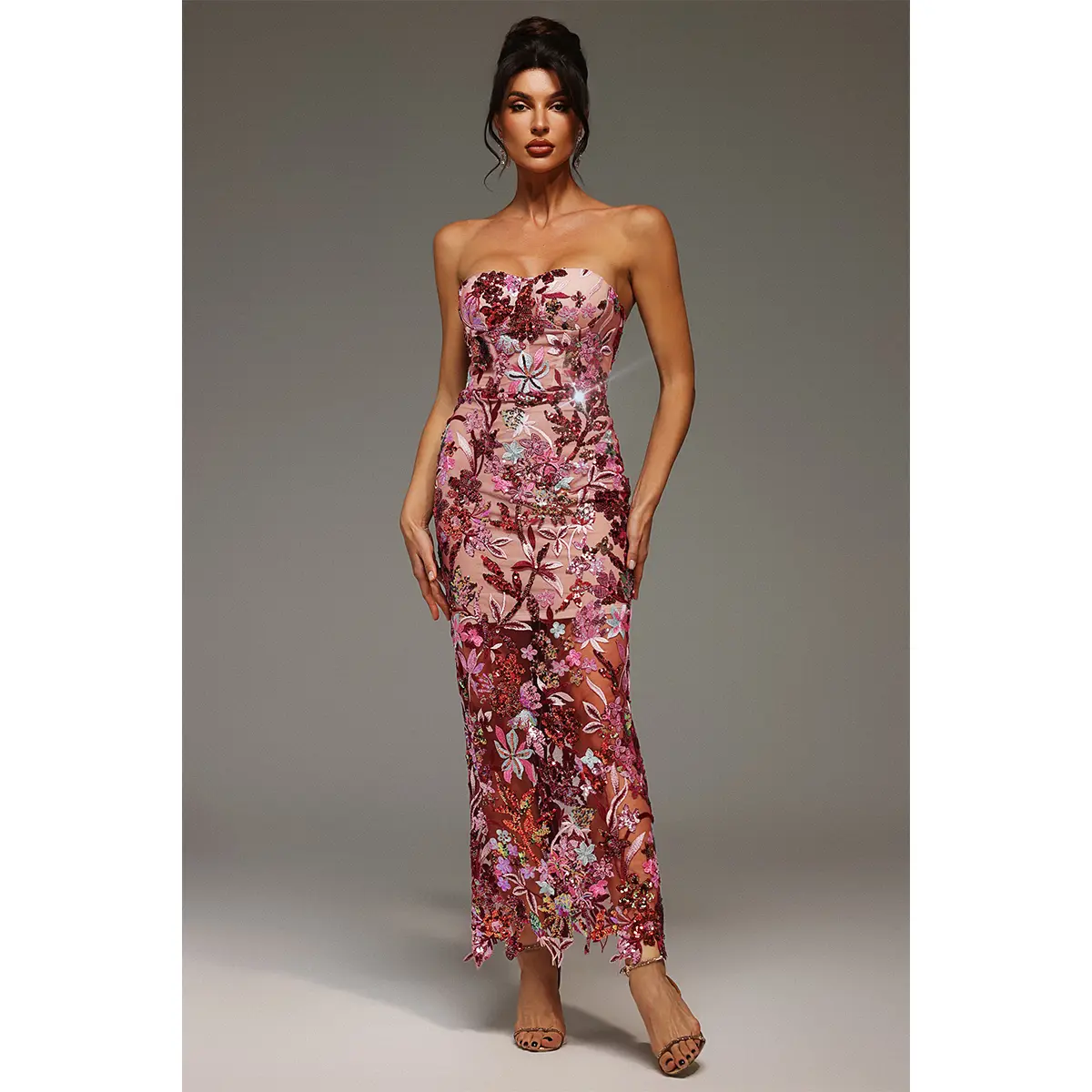 Women's BellaBarnett Lilya Sleeveless Off-the-Shoulder Embroidery Sequin Maxi Dress for Lady, Fit Garments, Formal Womenswear, Wedding Guest Dresses