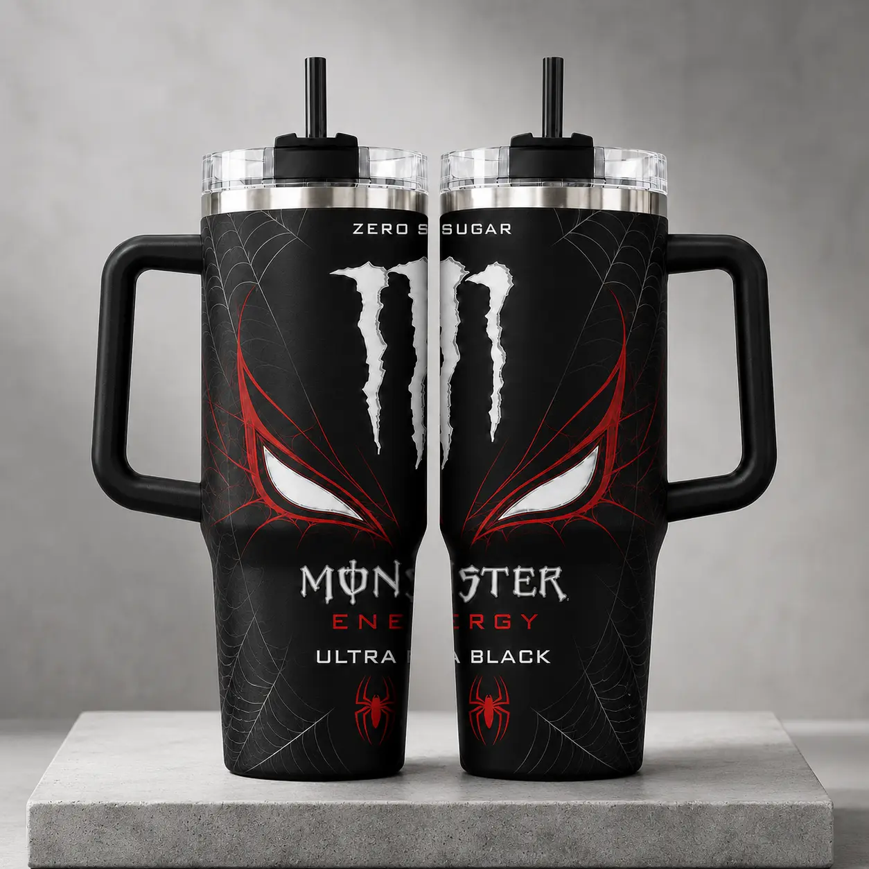 Durable insulated tumbler featuring a black-and-red spiderweb pattern; stainless steel cup with straw and spill-proof lid—a stylish drinkware accessory for the office.