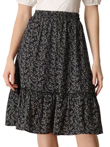 INSPIRE CHIC Ruffle Hem Flowy Tiered A-Line Floral Midi Skirts Black Floral