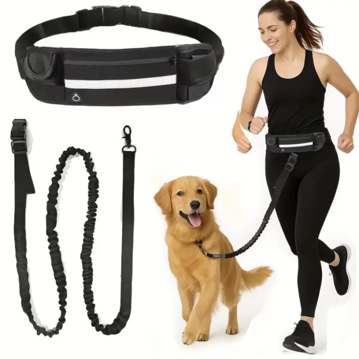 Wearable Waist Hands Free Dog Leash with Zipper Pouch, Dual Padded Control Handles Elastic Retractable Leash with Zipper Pouch for Dog Jogging Travel