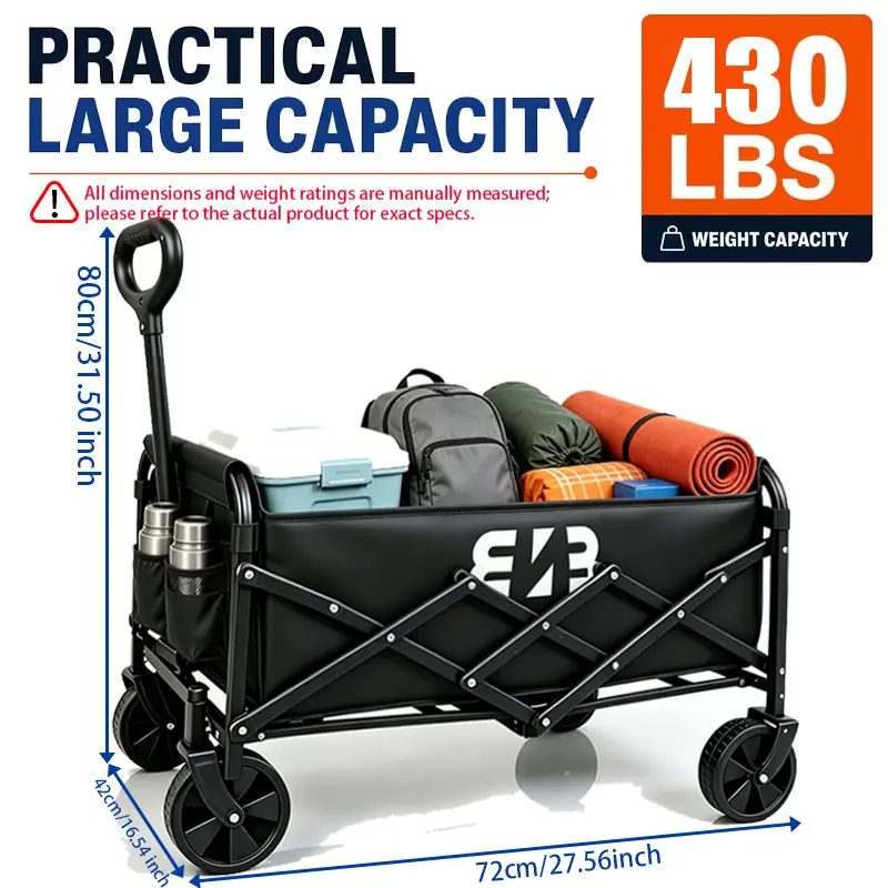 ENB 120L Lightweight Folding Wagon. 280 lbs load capacity. This multi-purpose outdoor cart comes with all-terrain wheels and an adjustable handle. It folds quickly, perfect for camping, grocery shopping, outdoor activities and more.
