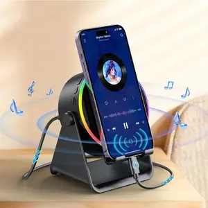 Wireless Induction Audios Speaker Stand, 5-in-1 Cellphone Holder, 3500mAh Rechargeable Emergency Power Bank, 360° Adjustable Mobile Tablet Stand with Colorful Ambient Light, Compatible with iPhone, Samsung & Android Devices, SummerWins Gift for Men Women