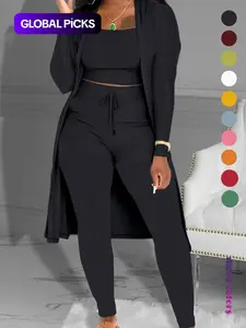 Women's Plain Knitting Long Sleeve Open Front Cardigan & Tie Front Leggings & Sleeveless Cropped Top Co-ord Set, Casual Cozy Fitted Chic Elegant Women's Outfits Clothes for Fall Womenswear