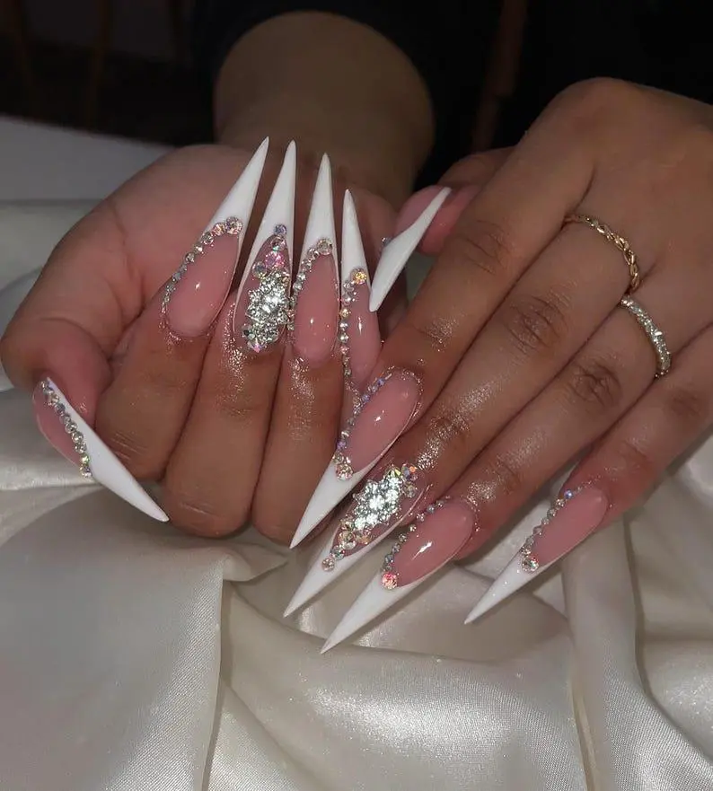 Stiletto Bling French Tip Press On Nails Luxury Rhinestone Wedding Nail Art Handmade Sparkly Glitter Party Gif For Her
