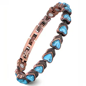Women's Magnetic Copper Bracelet, Adjustable Size, Natural Turquoise Gift, Pure Copper Magnetic Bangle, Blue Heart Charm, High Quality Bracelet, Premium Bracelet, Exquisite Bracelet